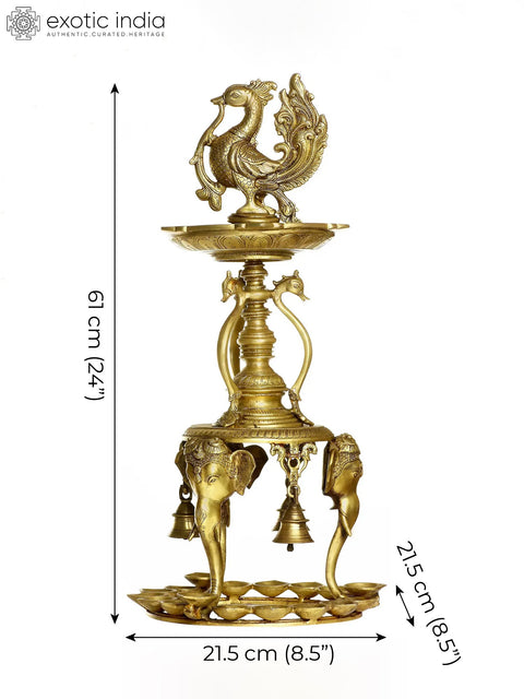 24" Peacock Lamp and Bells Supported by Elephant Heads with a Series of Puja Diyas In Brass | Handmade | Made In India
