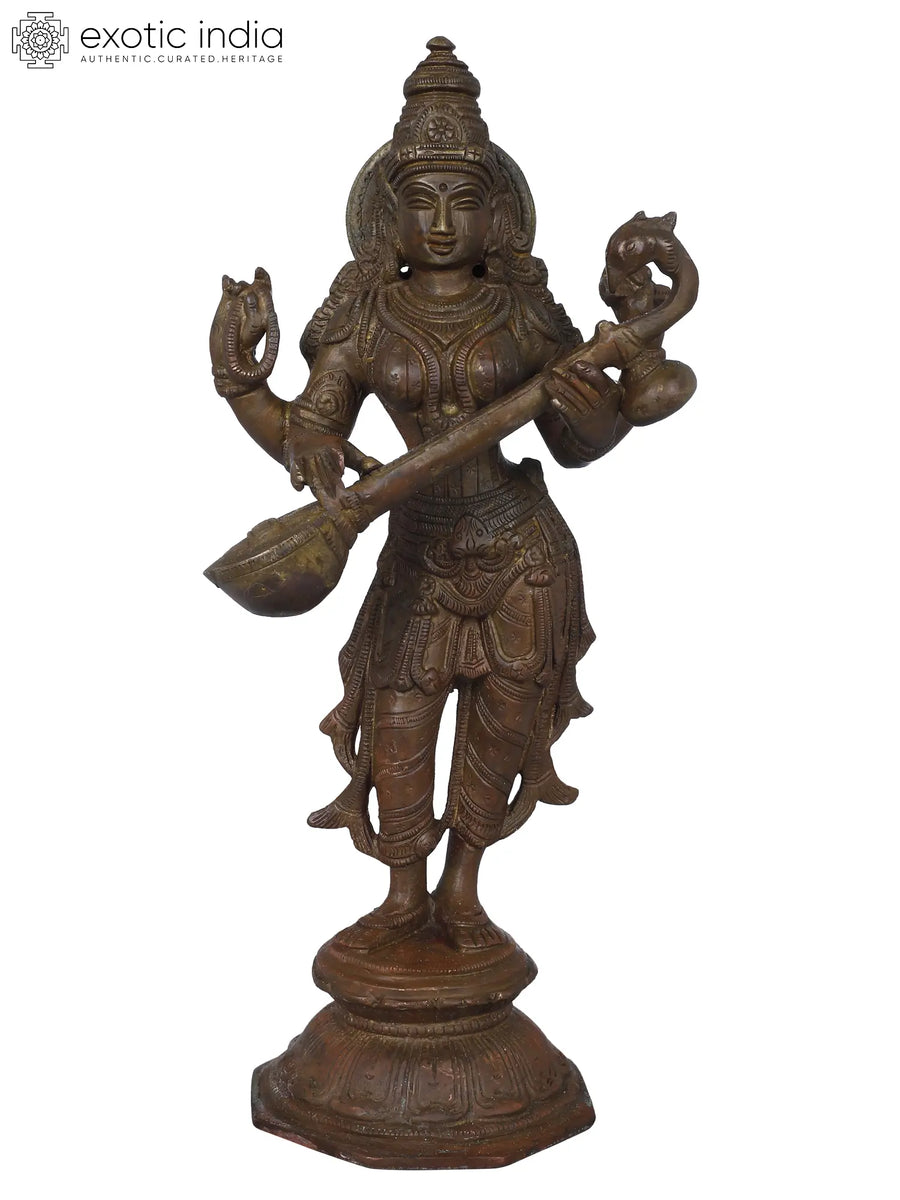 10" Standing Saraswati Handmade Brass Statue for Pooja