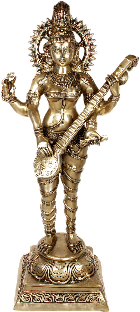 51" Large Size Vina-Vadini Saraswati In Brass | Handmade | Made In India