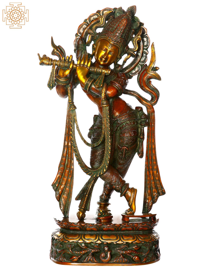 23" Handmade Fluting Krishna Tribhanga Brass Statue
