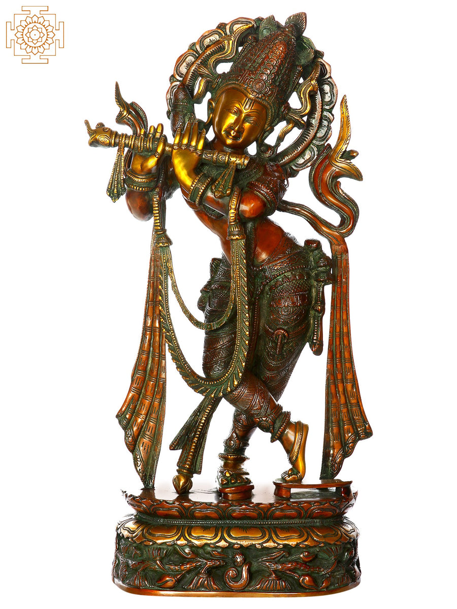 23" Handmade Fluting Krishna Tribhanga Brass Statue