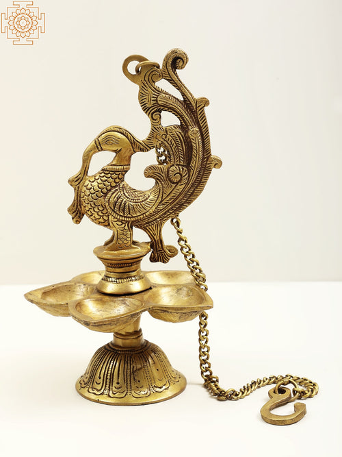 10" Brass Mayura Temple Hanging Lamp for Home Decor