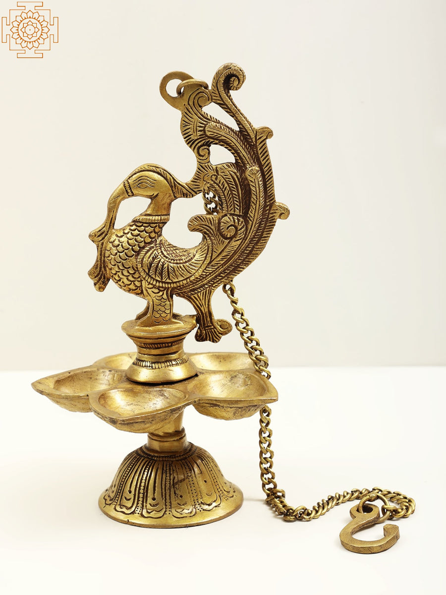 10" Brass Mayura Temple Hanging Lamp for Home Decor
