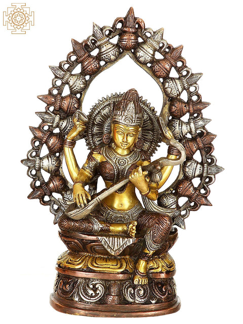 10" Triple-Hued Goddess Saraswati with Aureole of Purna-Ghatas In Brass | Handmade | Made In India
