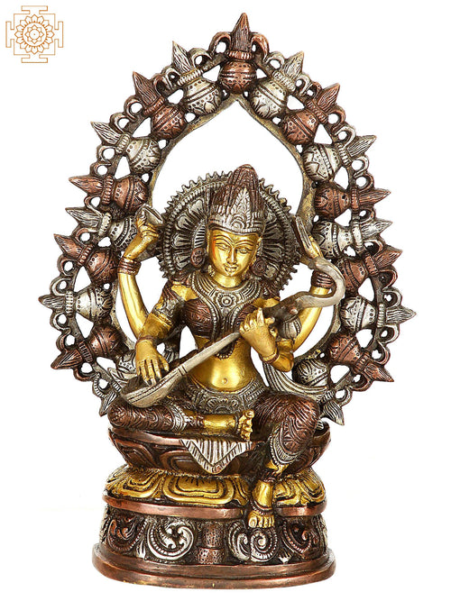 10" Handmade Brass Saraswati Statue with Aureole and Purna-Ghatas