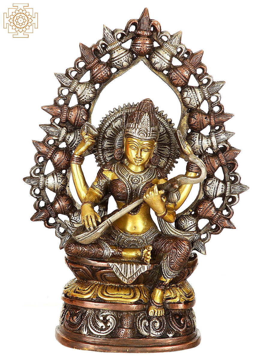 10" Handmade Brass Saraswati Statue with Aureole and Purna-Ghatas