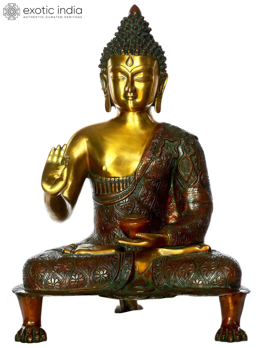 20" Buddha Preaching Dharma Brass Statue with Flower-Decorated Robes