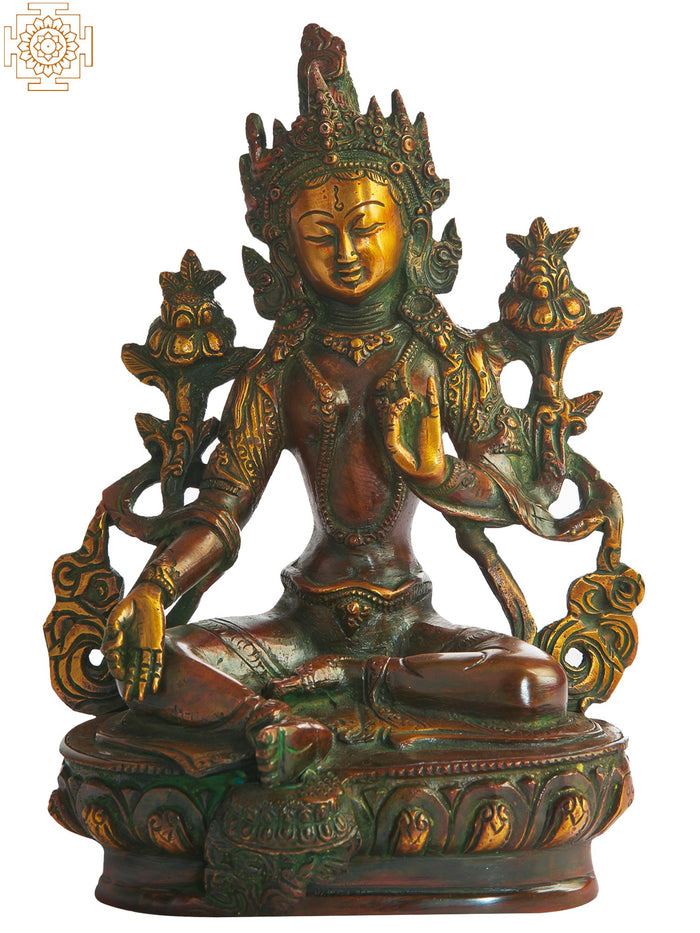 8" Green Tara Brass Statue Handmade Tibetan Buddhist Idol