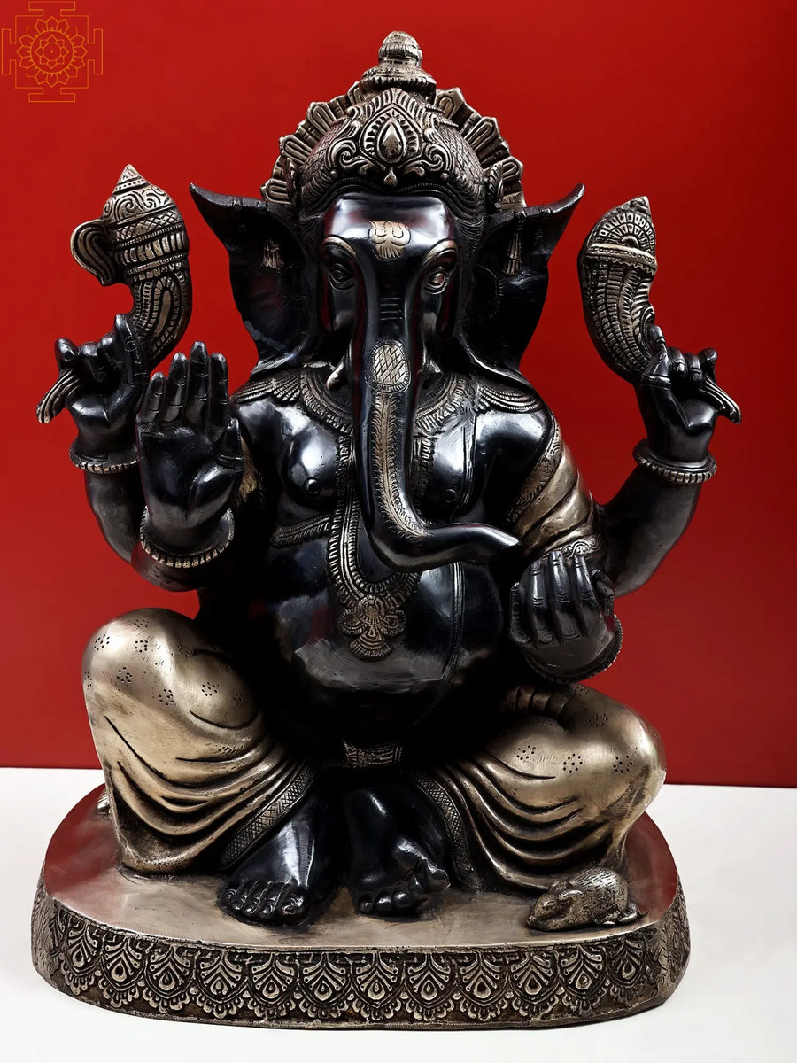 21" Chaturbhuja Ganapati Blessing Brass Statue Handcrafted