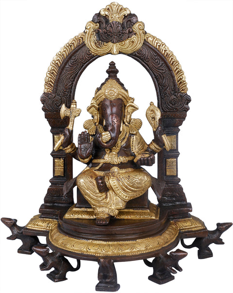 11" Lord Ganesha Seated on Throne Supported by Five Rats with Ornate Aureole In Brass | Handmade | Made In India