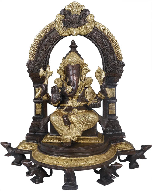 11" Lord Ganesha Seated on Throne Brass Statue with Five Rats