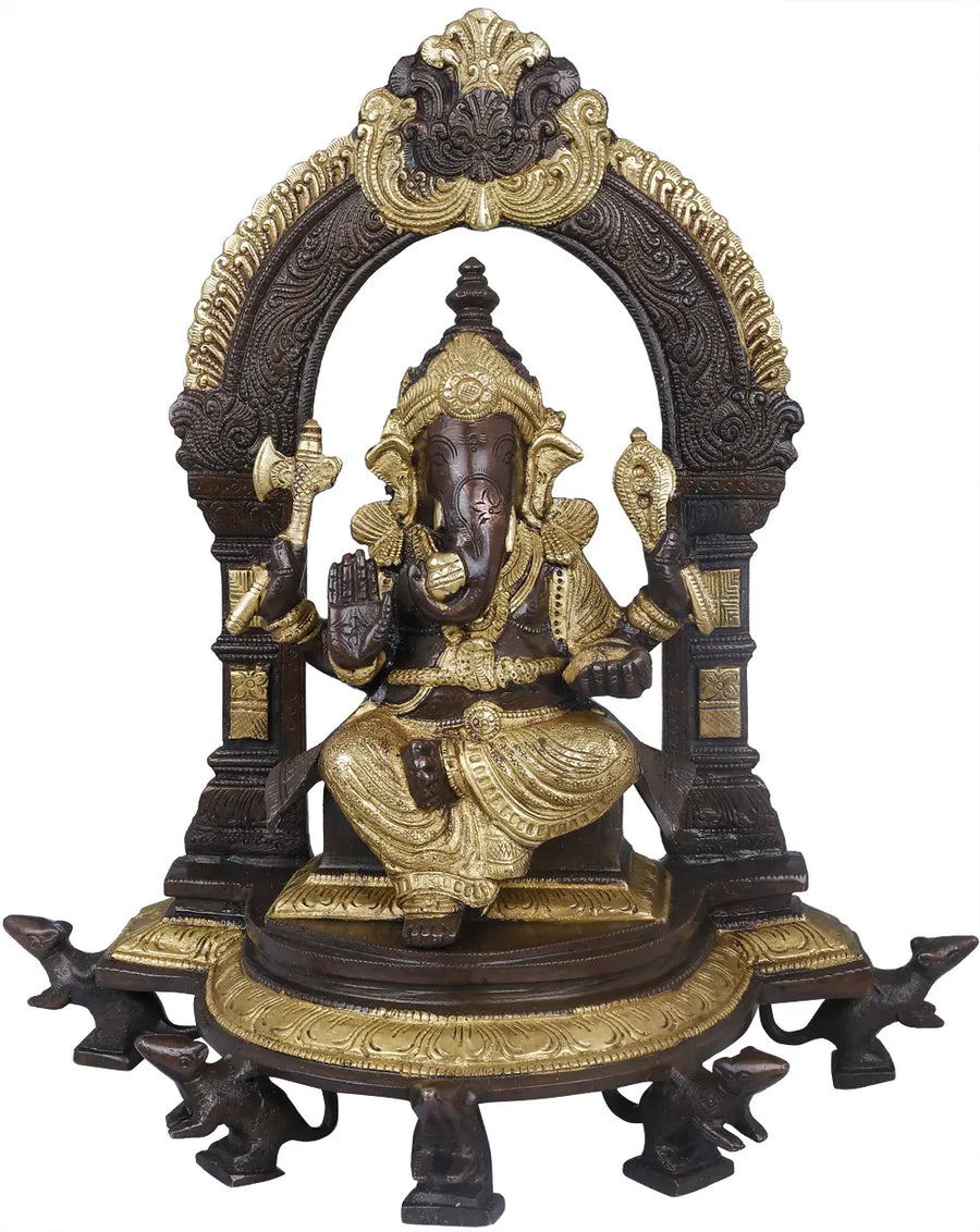 11" Lord Ganesha Seated on Throne Brass Statue with Five Rats