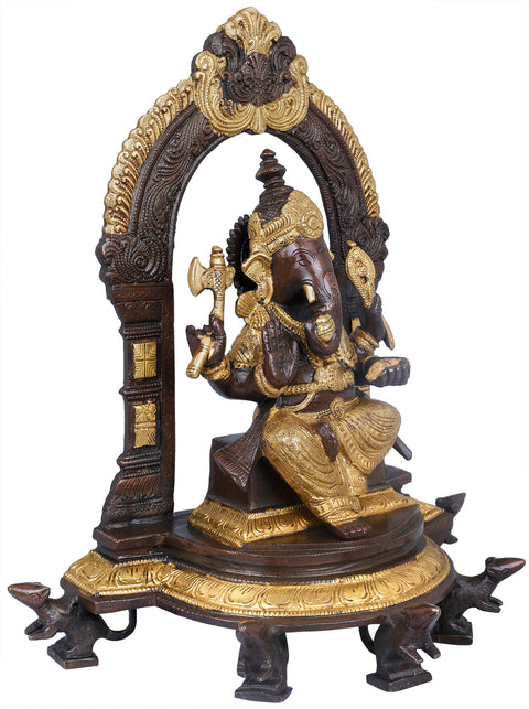 11" Lord Ganesha Seated on Throne Supported by Five Rats with Ornate Aureole In Brass | Handmade | Made In India