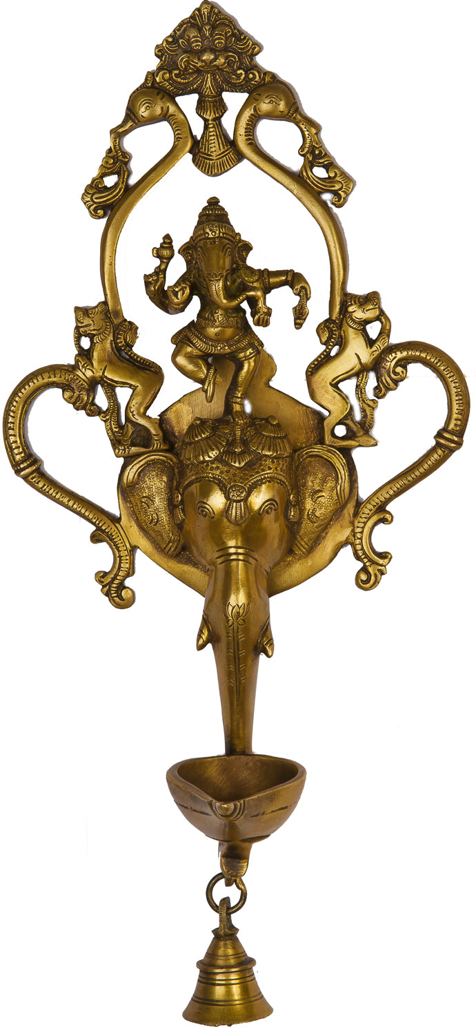 16" Handmade Dancing Ganesha Brass Wall Lamp with Bell