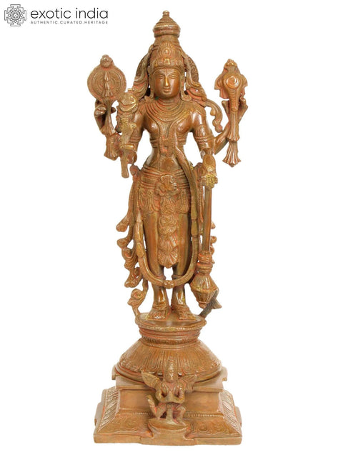 15" Four-Armed Standing Vishnu Brass Sculpture | Handmade | Made in India