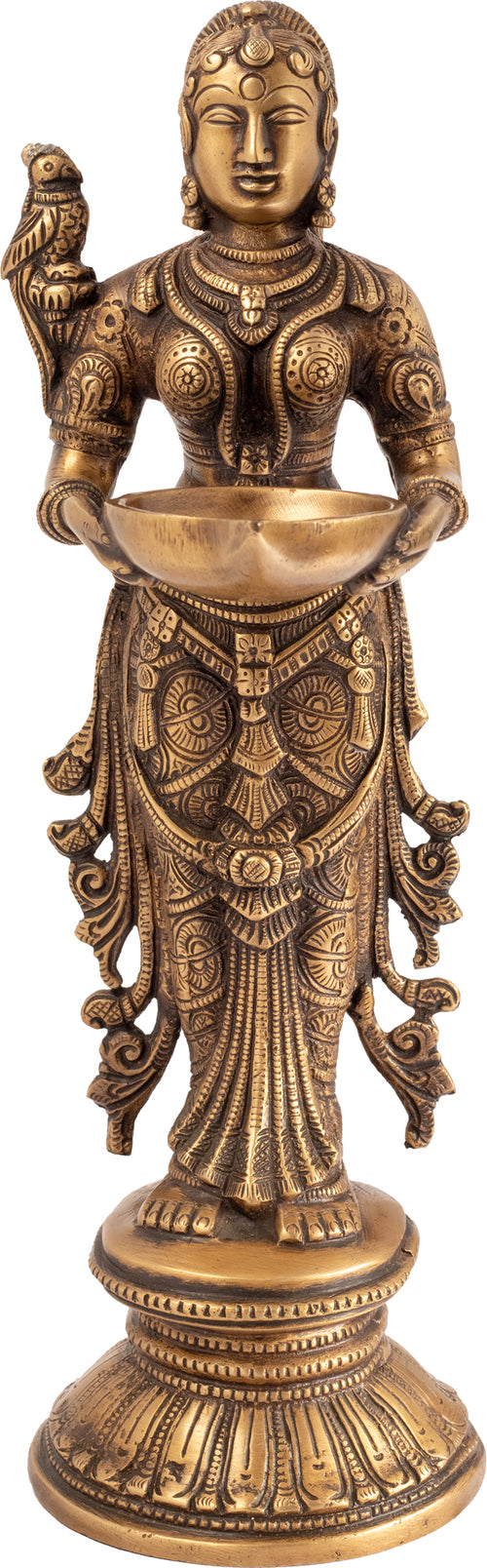 12" Brass Deeplakshmi with Parrot Handmade Statue