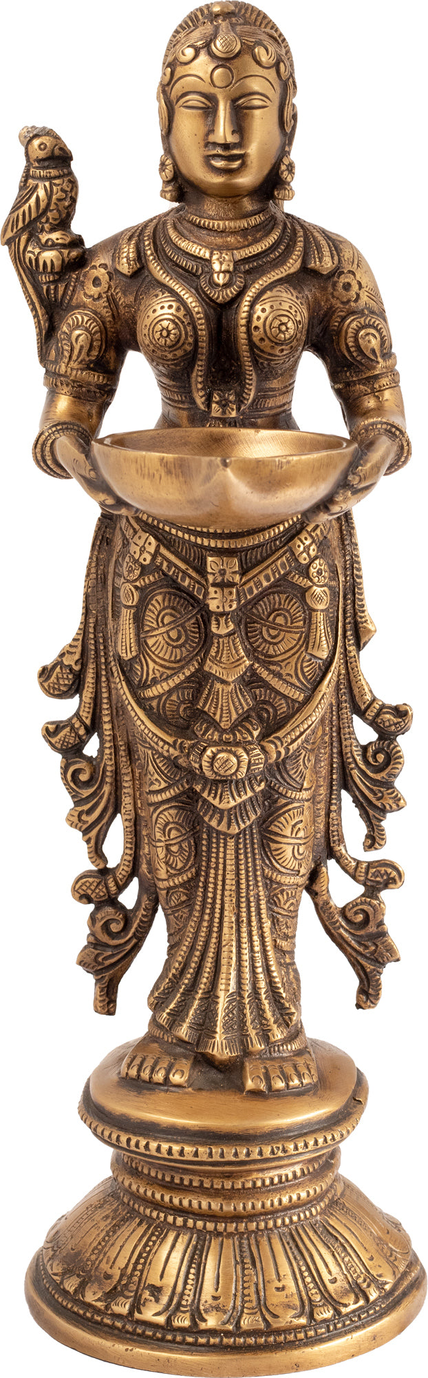 12" Brass Deeplakshmi with Parrot Handmade Statue