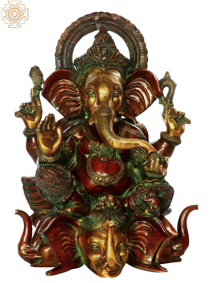 20" Brass Lord Ganesha Idol on Three-Headed Elephant Handmade
