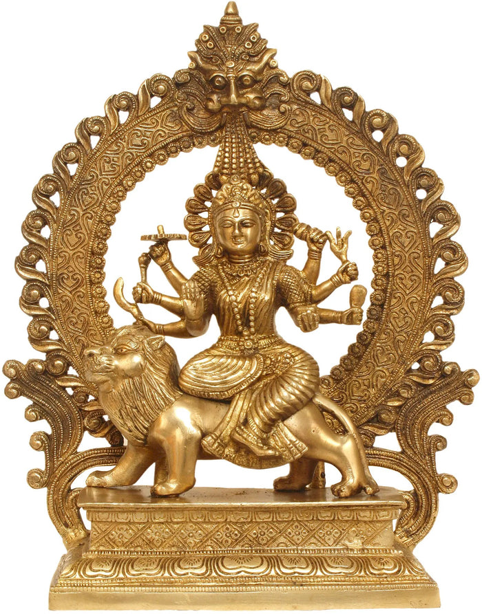 14" Ashta-bhuja Durga on Lion Brass Statue