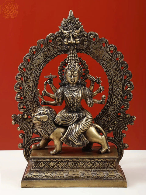14" Ashta-bhuja-dhari Simha-Vahini Durga Statue in Brass