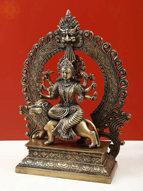 14" Ashta-bhuja-dhari Simha-Vahini Durga Statue in Brass