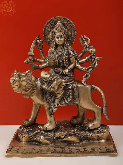 9" Eight-Armed Durga on Lion Handmade Brass Sculpture