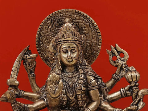 9" Eight-Armed Durga on Her Mount | Handmade Brass Sculpture