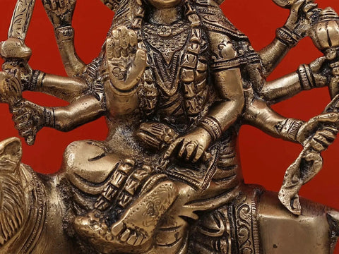 9" Eight-Armed Durga on Her Mount | Handmade Brass Sculpture