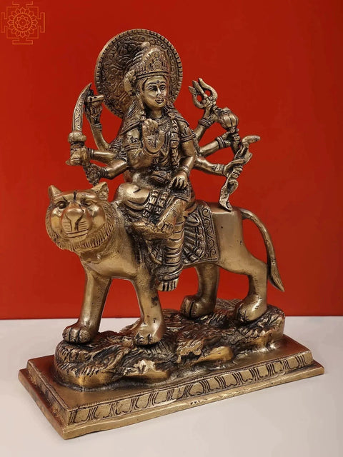 9" Eight-Armed Durga on Her Mount | Handmade Brass Sculpture