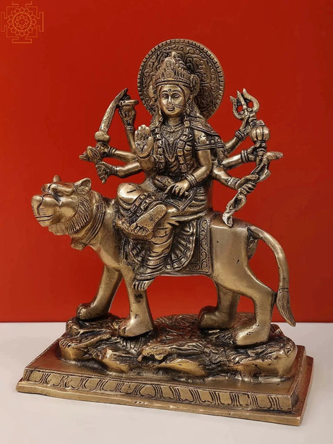 9" Eight-Armed Durga on Her Mount | Handmade Brass Sculpture