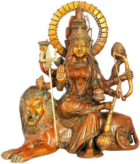 12" Ashtabhuja Simhavahini Durga Idol Seated on Lion in Brass | Handmade | Made in India