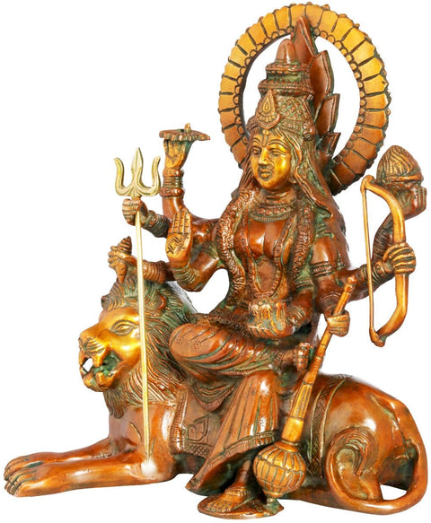 12" Ashtabhuja Simhavahini Durga Idol Seated on Lion in Brass | Handmade | Made in India