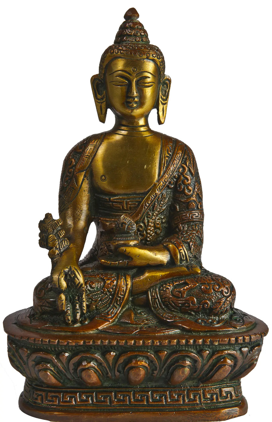 7" Brass Medicine Buddha Idol With Myrobalan Fruits Handmade