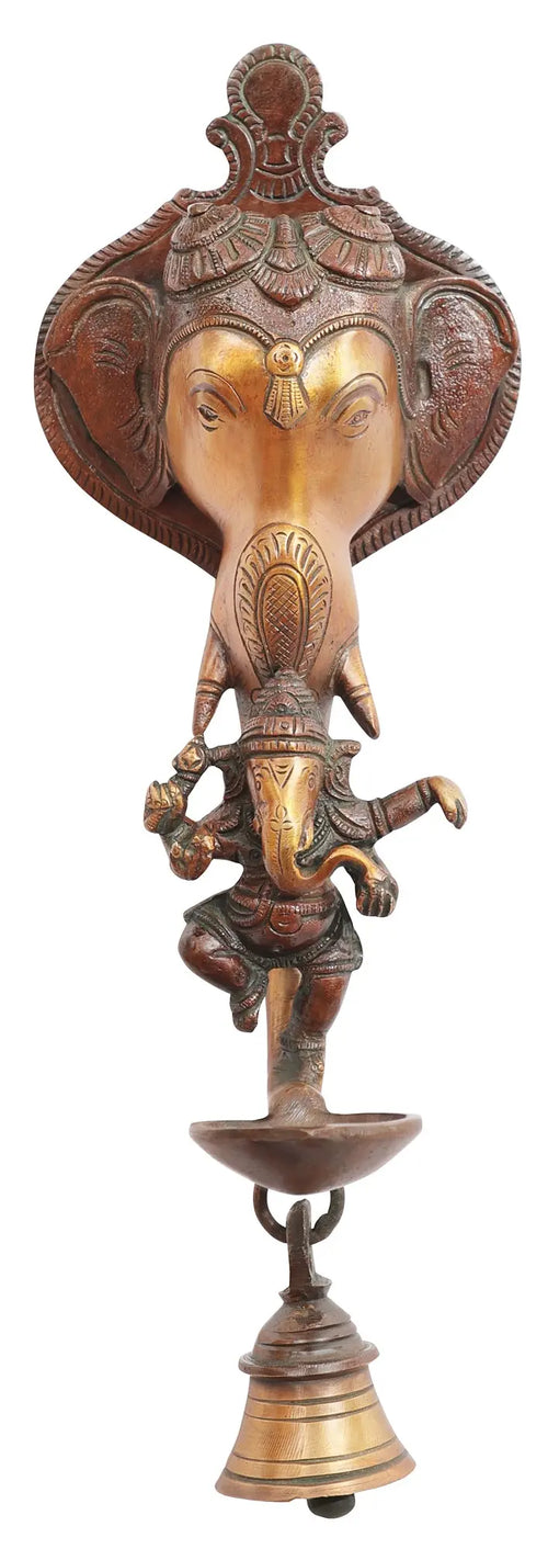 11" Brass Elephant Wall Hanging Lamp with Dancing Ganesha and Bell