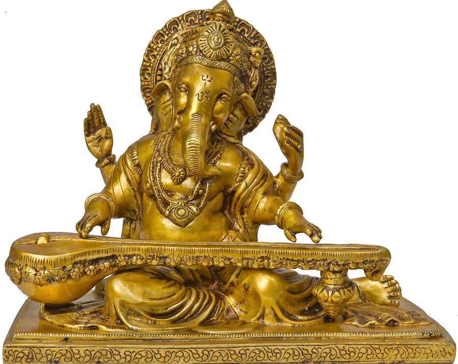 9" Vina-Vadaka Ganapati Handmade Brass Statue