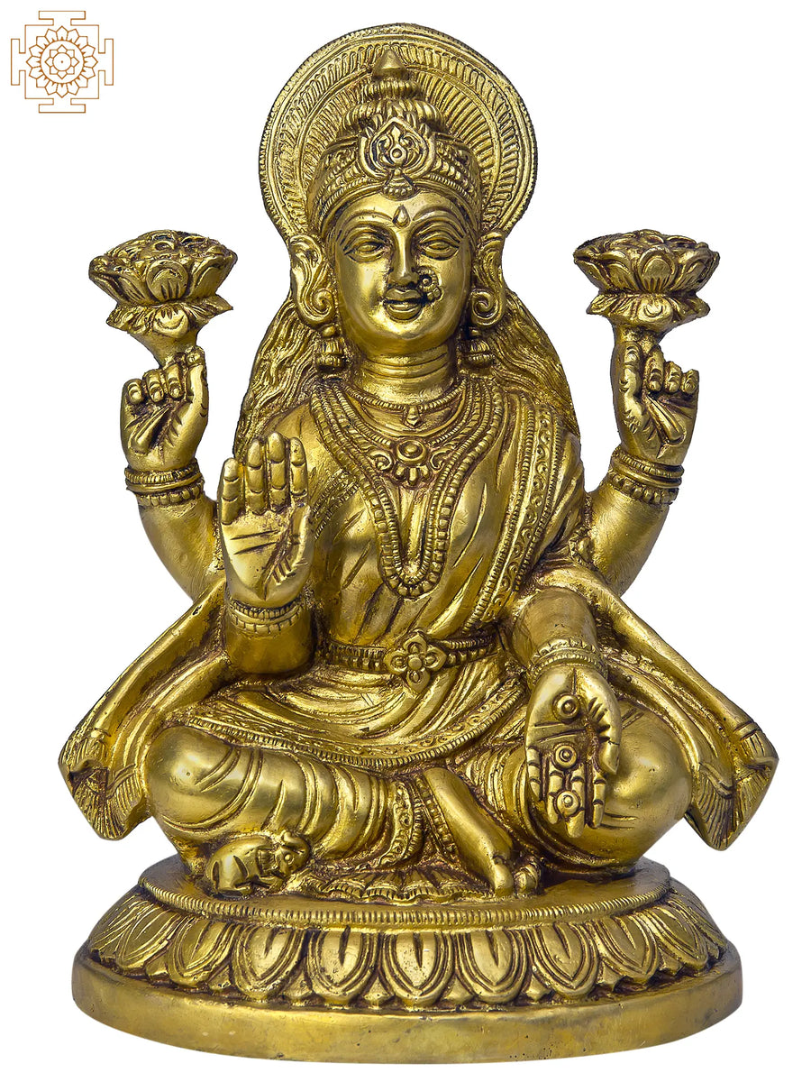 8" Goddess Lakshmi Raining Gold Coins Brass Statue Handmade