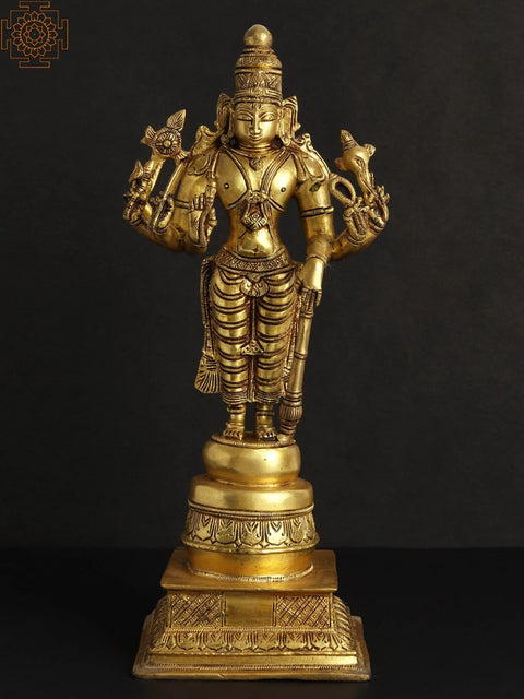 14" Six Armed Standing Vishnu In Brass | Handmade | Made In India