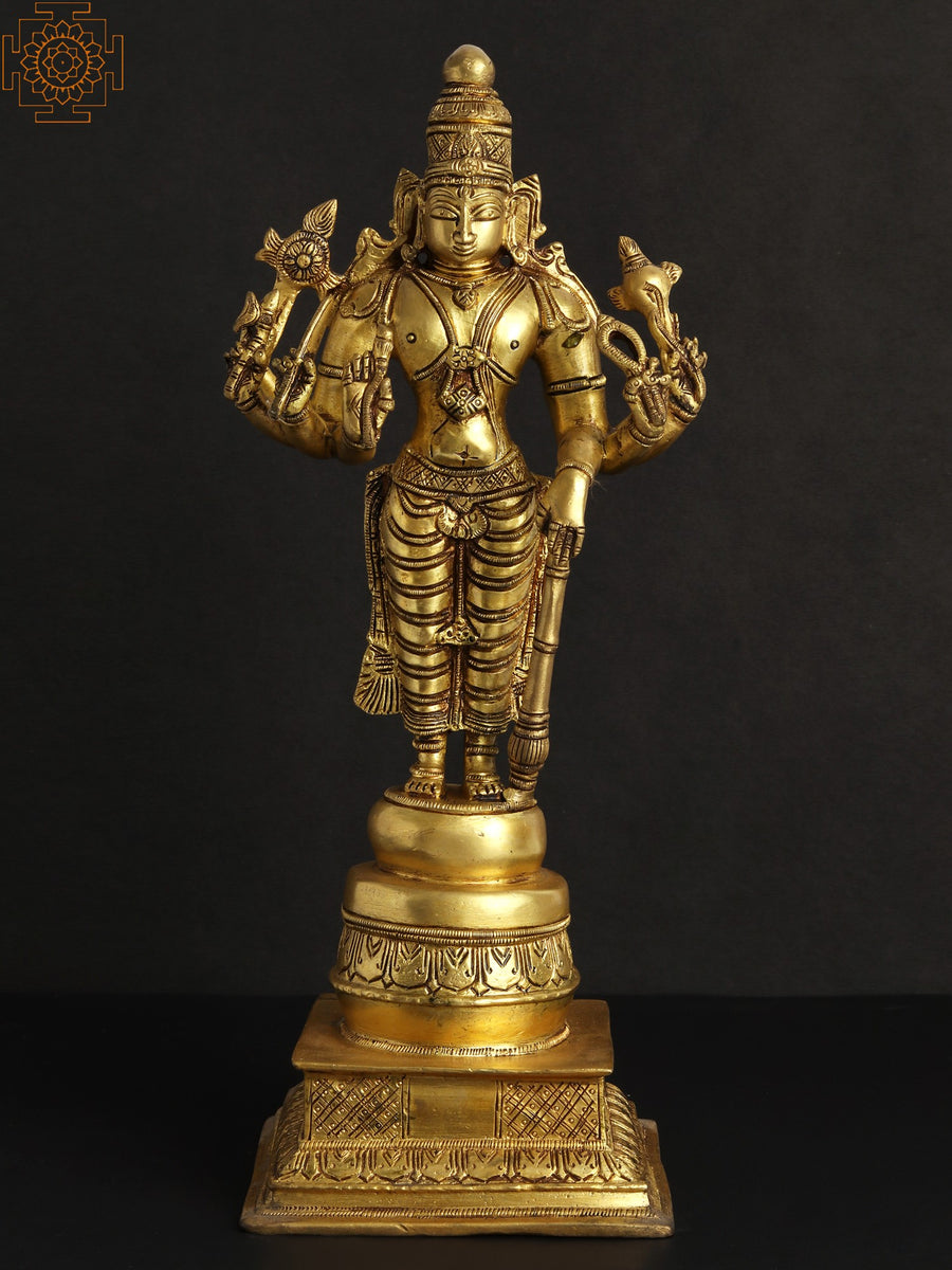 14" Six Armed Standing Vishnu Brass Statue Handmade