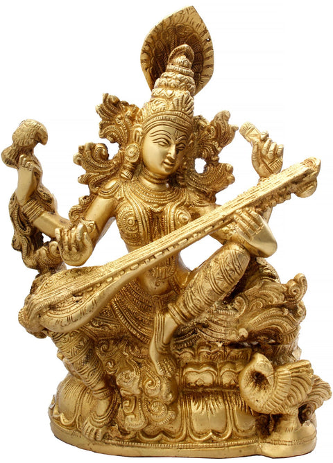 11" Veena-Vadini Kamalasana Saraswati Brass Sculpture | Handmade