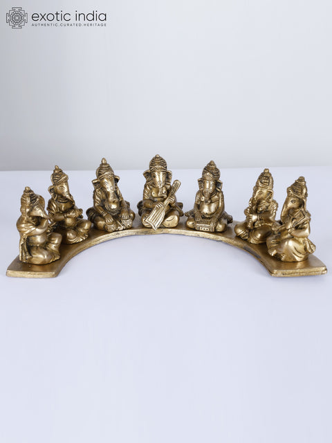 13" Seven Musical Ganesha Idol on Common Base | Handcrafted Brass Statue
