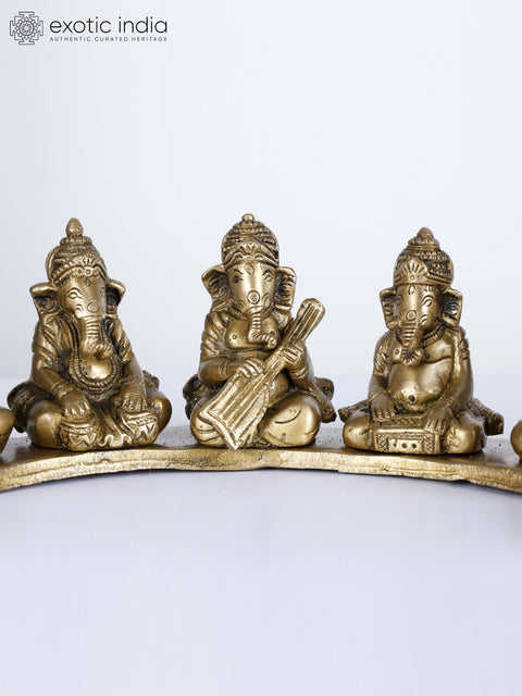 13" Seven Musical Ganesha Idol on Common Base | Handcrafted Brass Statue