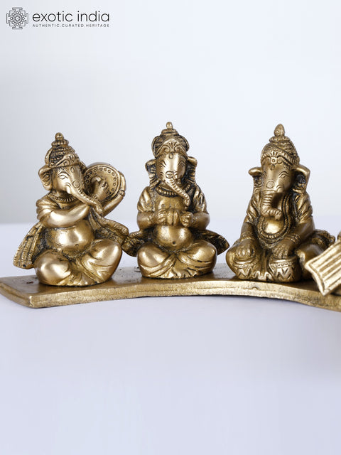 13" Seven Musical Ganesha Idol on Common Base | Handcrafted Brass Statue