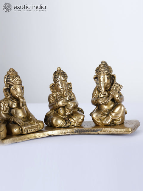 13" Seven Musical Ganesha Idol on Common Base | Handcrafted Brass Statue
