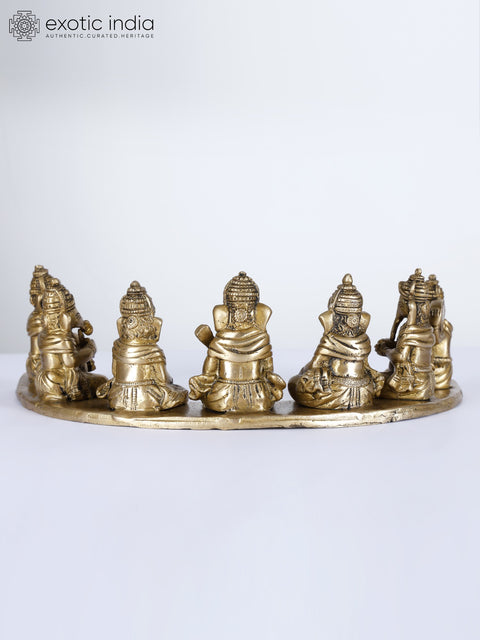 13" Seven Musical Ganesha Idol on Common Base | Handcrafted Brass Statue