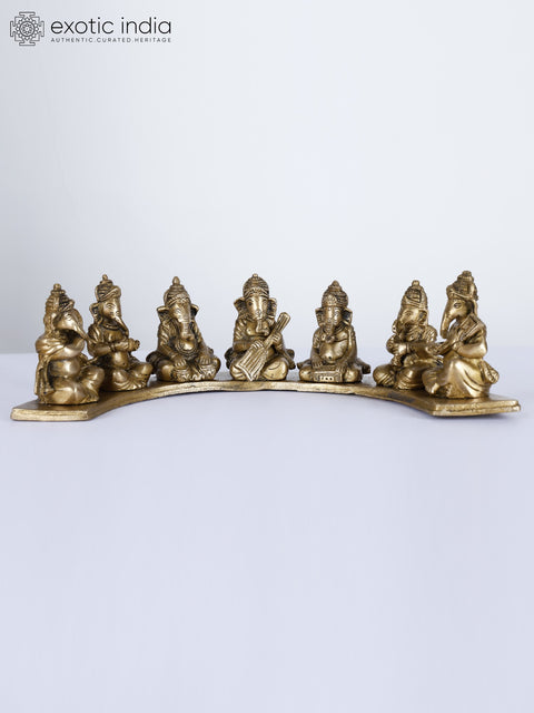 13" Seven Musical Ganesha Idol on Common Base | Handcrafted Brass Statue