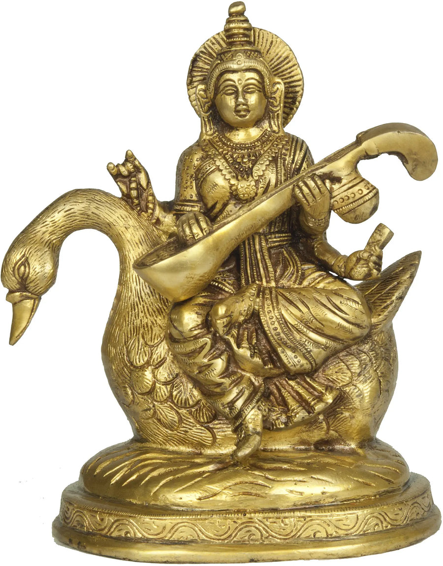 7" Brass Goddess Saraswati Idol Seated on Swan Handmade