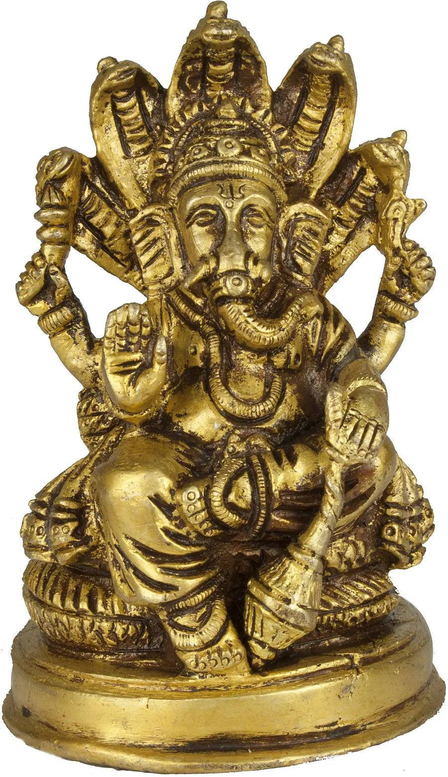 4" Lord Ganesha Seated on Sheshnaga Handmade Brass Idol