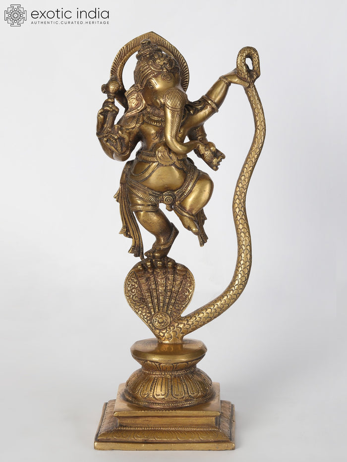 11" Brass Lord Ganesha Dancing on Serpent Statue for Pooja