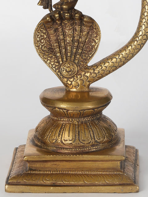 11" Brass Statue of Lord Ganesha Dancing on Five-Hooded Serpent