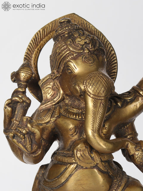 11" Brass Statue of Lord Ganesha Dancing on Five-Hooded Serpent
